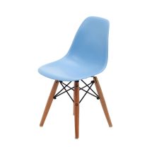 An angled front perspective of the vibrant blue Replica Charles Eames Kids Chair, highlighting the highly practical, easy-to-clean plastic shell and the sturdy beech timber legs.