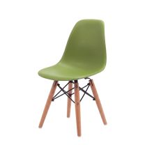 An angled front perspective of the fresh apple green Replica Charles Eames Kids Chair, highlighting the highly practical, easy-to-clean plastic shell and the sturdy beech timber legs.