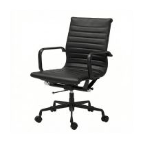 Angled front view of the black Replica Charles Eames Office Chair, highlighting the seat profile and the single-position tilt lock mechanism beneath the seat.