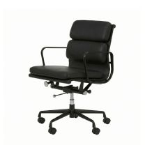 Angled front view of the low back Replica Charles Eames Soft Pad Office Chair, highlighting its plush black leather cushions and striking black powder-coated aluminium frame.