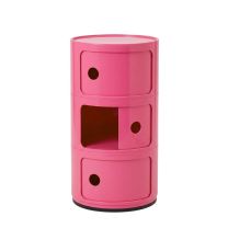 A detailed front view of the pink Replica Componibili 3 Tier with the middle sliding door half open, highlighting the practical internal storage space.