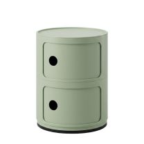 A straight-on front view of the Sage Green Replica Componibili 2 Tier Storage Unit, showcasing its smooth cylindrical shape and the classic finger-hole pulls on the sliding doors.