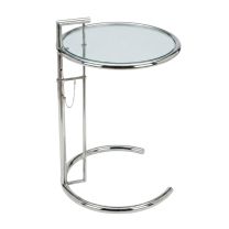 Side profile view of the Premium Replica Eileen Gray Table, showing the tubular stainless steel frame and the open base design with a clear glass top.