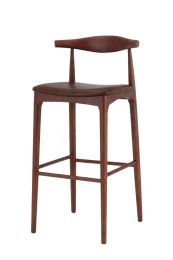 Angled view of the high bar stool highlighting the organic curve of the backrest and the warm pairing of the chocolate seat with the walnut frame.