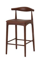 Front view of the Replica Elbow Kitchen Stool featuring a dark walnut timber frame and a rich chocolate brown upholstered seat.