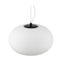 A highly detailed close-up of the Replica Fluid Pendant Light, highlighting the fine horizontal ribbed texture across the opaque white shade and the smooth, unpatterned circular base.