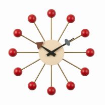 A straight-on view of the Red Replica George Nelson Ball Clock, showcasing the solid timber spheres finished in a bold red satin lacquer, paired with crisp black metal hands.