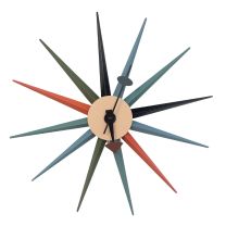 Front-on view of the mid-century inspired Replica George Nelson Starburst Clock, featuring vibrant multi-coloured wooden rays radiating from a clean, minimalist steel clock face.