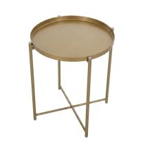 An angled perspective of the gold Replica Habibi Metal Side Table, showcasing the clean lines of the tubular steel frame and the striking metallic finish.