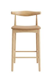 A straight-on front view of the 65cm Replica Hans Wegner Elbow Stool, perfectly showcasing the natural American ash timber frame and the soft latte vegan leather seat.
