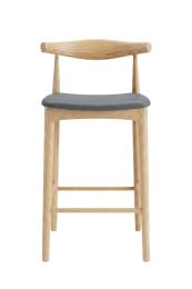 A straight-on front view of the 65cm Replica Hans Wegner Elbow Stool, perfectly showcasing the natural American ash timber frame and the cool slate grey vegan leather seat.