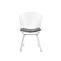 A straight-on front view of the Chromed Steel Replica Kids Bertoia Chair, showcasing the junior-sized reflective steel frame and the fitted black seat pad.
