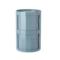 Front view of the 2-Drawer Replica Hex Modular Cabinet in Misty Blue, showing both sliding doors closed and highlighting the vertical hexagonal ridges.