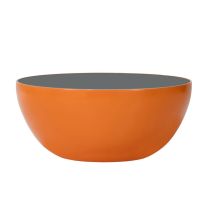 Front-on view of the Replica Hybo Coffee Table, showcasing its bold, high-gloss orange fibreglass base with a stable flat bottom and sleek black tempered glass top.