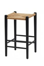 Angled view of the Replica Jorgen Baekmark J164C Counter Stool, featuring a black wooden frame and a hand-woven natural rattan seat.