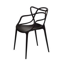 An angled perspective of the black Replica Masters Chair, beautifully highlighting the highly sculptural, intertwining lines of the webbed backrest and supportive armrests.