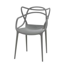 An angled perspective of the grey Replica Masters Chair, beautifully highlighting the highly sculptural, intertwining lines of the webbed backrest and supportive armrests.