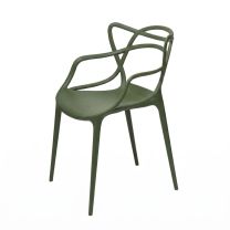 An angled perspective of the olive green Replica Masters Chair, beautifully highlighting the highly sculptural, intertwining lines of the webbed backrest and supportive armrests.