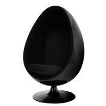 An angled front view of the sleek All-Black Replica Ovalia Egg Chair, showcasing its glossy black fibreglass shell and deep, enclosed cashmere blend seating area.