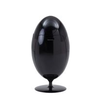 Front view of the Large Black Replica Ovetto Waste Bin, showing its sleek 90cm tall glossy egg-shaped curve and closed push-flaps.