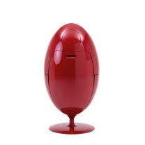 Front view of the Large Red Replica Ovetto Waste Bin, showing its vibrant 90cm tall glossy egg-shaped curve and closed push-flaps.
