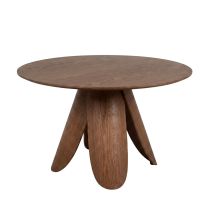 An angled front view of the 120cm Replica Peyote Dining Table, showcasing its rich walnut finish, smooth round top, and distinctive organic pedestal feet forming the base.