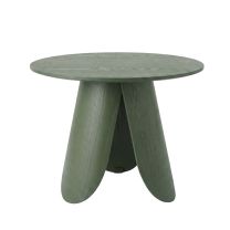A straight-on front view of the sage green Replica Peyote Short Side Table, showcasing its low 45cm profile and the striking, organically curved plywood legs.