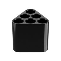 A straight-on front view of the black Replica Poppins Umbrella Stand, highlighting the glossy finish and three of the circular apertures designed for holding umbrellas upright.