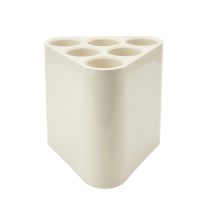 Front angled view of the ivory umbrella stand, highlighting its glossy finish and efficient triangular profile designed for corners.