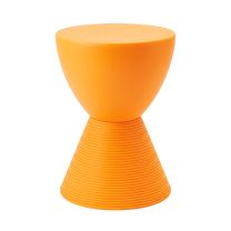 A straight-on front perspective of the sunflower yellow Replica Prince AHA Stool, clearly displaying its highly distinctive geometric hourglass silhouette constructed from durable polypropylene.