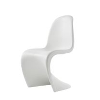 Front angle view of the White Replica S Chair, showcasing its seamless single-piece moulded design and distinctive curved profile.