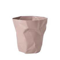 A front-angled view of the Replica Taupe Bin Bin, showcasing its playful crumpled paper design moulded from a highly refined taupe plastic.