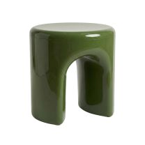 Angled view of the green Silas Plastic Low Stool, highlighting the smooth curves where the two legs meet the seat.
