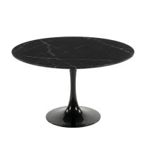 A straight-on view of the 120cm Replica Tulip Table, showcasing the striking deep black hues of the Spanish Nero Marquina marble top resting on a sturdy black pedestal base.