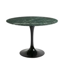 Front view of the Replica Tulip Table 120cm, featuring a heavy black powder-coated pedestal base and a solid Verde Alpi Green marble top.