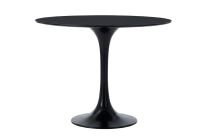 Front view of the Black Replica Tulip Dining Table 90cm, showcasing the sleek single pedestal base and round fibreglass top.