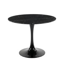 Angled top view of the table, highlighting the polished finish of the black marble and the smooth bevelled edge profile.