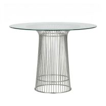 A front-on view of the 100cm Replica Warren Platner Glass Dining Table, highlighting its light visual footprint and the intricate welded steel base construction.