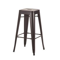 A side-angled perspective of the 75cm Replica Xavier Pauchard Black Metal Bar Stool, showcasing the robust structural cross-bracing beneath the seat and the durable, fully welded powder-coated steel legs.