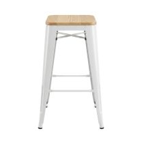 A straight-on front view of the 75cm Replica Xavier Pauchard Stool, showcasing its sturdy white pressed metal frame, structural footrest, and warm solid ash timber seat.