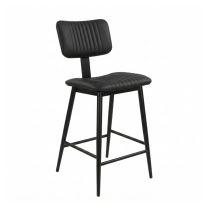 Angled front view of the 66cm Retro Victoria Black Counter Stool, highlighting the monochromatic black vegan leather upholstery and matte steel frame.