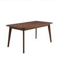 Angled view of the 160cm Scandinavian Dining Table, showcasing the clean, minimalist lines, elegantly tapered legs, and rich dark walnut finish.