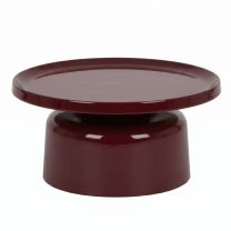 A straight-on front view of the Sigge Coffee Table in an on-trend gloss burgundy finish, showcasing its sturdy pedestal base and wide pressed metal top with a practical lipped edge.