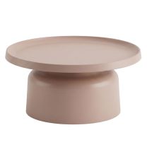 A straight-on front view of the Sigge Coffee Table in a warm light cappuccino finish, showcasing its sturdy pedestal base and wide pressed metal top with a practical lipped edge.