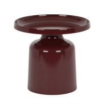 A straight-on front view of the Sigge Side Table in a rich gloss burgundy finish, showcasing its smooth pedestal base and pressed metal top with a practical lipped edge.