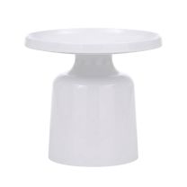 A straight-on front view of the Sigge Side Table in a crisp white finish, showcasing its smooth pedestal base and pressed metal top with a practical lipped edge.