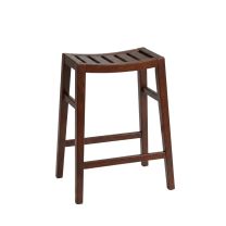 Angled view of the Tribecca Solid Timber Kitchen Stool in a red-brown walnut finish, highlighting the curved, slatted seat design.