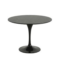 Front angled view of the 100cm Replica Tulip Dining Table in black ash veneer, highlighting the bevelled edge and gloss black pedestal base.