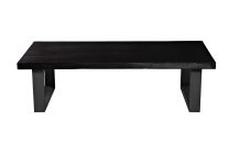 Front view of the Viggo 140cm coffee table with a black stained elm timber top and black powder-coated metal base.