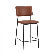 Angled front view of the 66cm Vintage Brown Tom Counter Stool, highlighting the padded tan brown vegan leather seat and contemporary black steel frame.
